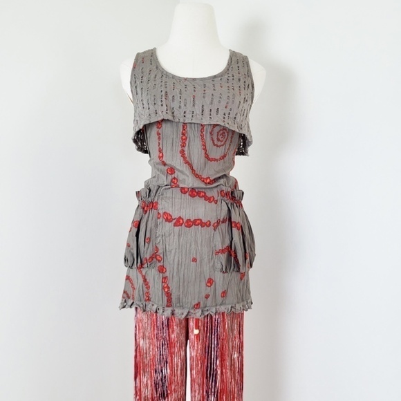 Tara Vao Babydoll Tank Top Pockets Long Sleeveless Abstract Pleated Eyelet - Picture 6 of 12